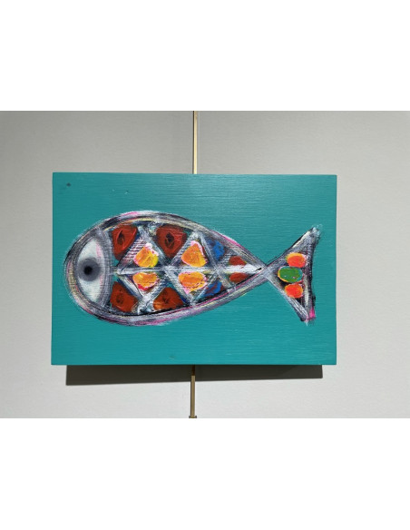 Mónica Coto. Peces de la mar salada. Acrílico sobre tabla.