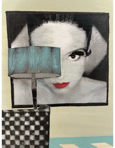 Mónica Coto. A cup of tea in the turquise living room. Collage sobre tabla.