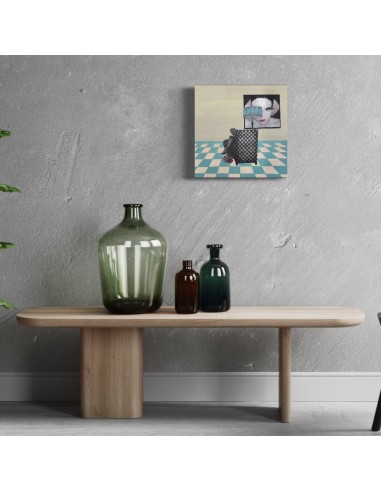 Mónica Coto. A cup of tea in the turquise living room. Collage sobre tabla.
