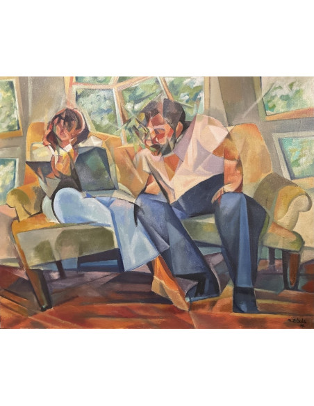 Zelada, Miguel. (A Coruña, 1942). Interior con dos figuras. Óleo sobre lienzo.