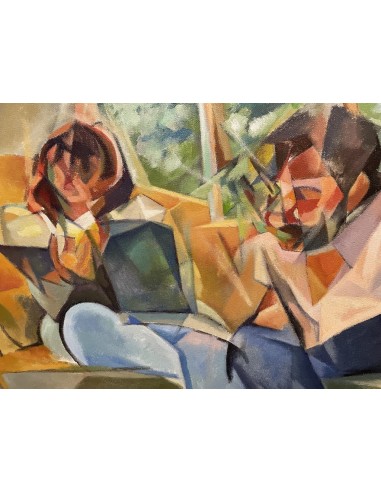 Zelada, Miguel. (A Coruña, 1942). Interior con dos figuras. Óleo sobre lienzo.