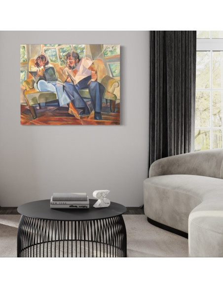 Zelada, Miguel. (A Coruña, 1942). Interior con dos figuras. Óleo sobre lienzo.