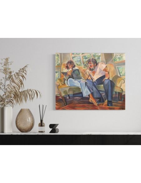 Zelada, Miguel. (A Coruña, 1942). Interior con dos figuras. Óleo sobre lienzo.