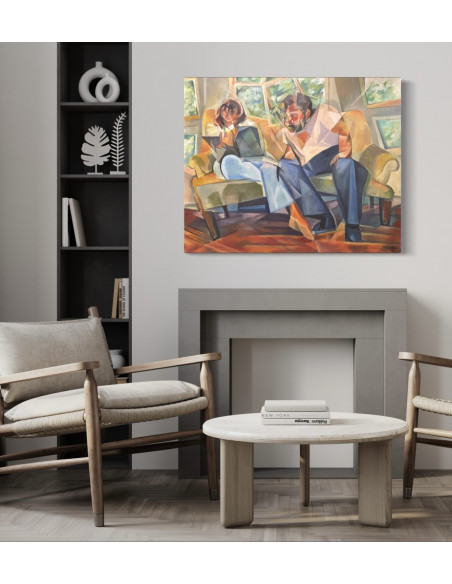 Zelada, Miguel. (A Coruña, 1942). Interior con dos figuras. Óleo sobre lienzo.