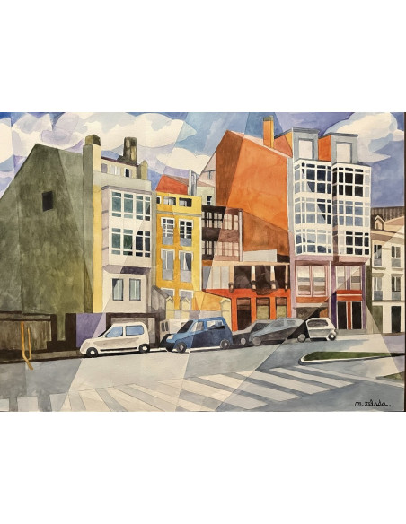 Zelada, Miguel. (A Coruña, 1942). Casas en Zalaeta. Acuarela sobre papel.