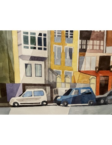 Zelada, Miguel. (A Coruña, 1942). Casas en Zalaeta. Acuarela sobre papel.