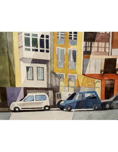 Zelada, Miguel. (A Coruña, 1942). Casas en Zalaeta. Acuarela sobre papel.