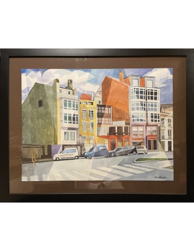 Zelada, Miguel. (A Coruña, 1942). Casas en Zalaeta. Acuarela sobre papel.
