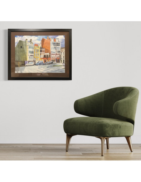 Zelada, Miguel. (A Coruña, 1942). Casas en Zalaeta. Acuarela sobre papel.