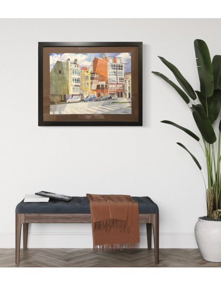 Zelada, Miguel. (A Coruña, 1942). Casas en Zalaeta. Acuarela sobre papel.