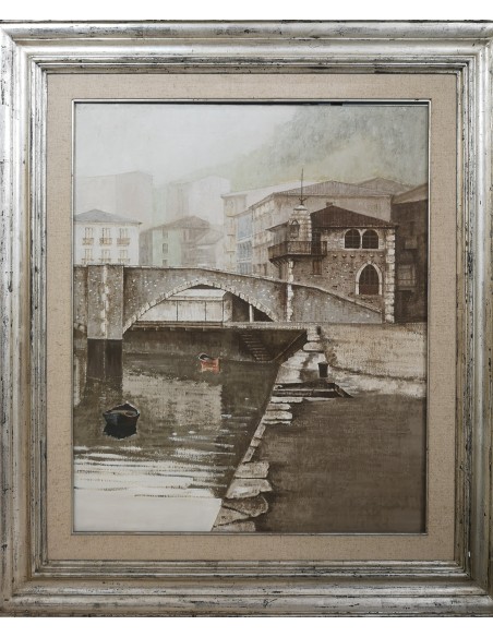 Luzuriaga, Juan Ramón (Bilbao, 1938). Desde el muelle. Ondarroa. Óleo sobre lienzo