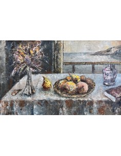 Argüelles , Julio Fernández . (Astorga, León, 1923- A Coruña, 2002). Mirando el mar. Técnica mixta sobre tablex. 2