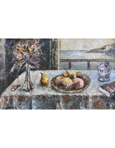 Argüelles , Julio Fernández . (Astorga, León, 1923- A Coruña, 2002). Mirando el mar. Técnica mixta sobre tablex.