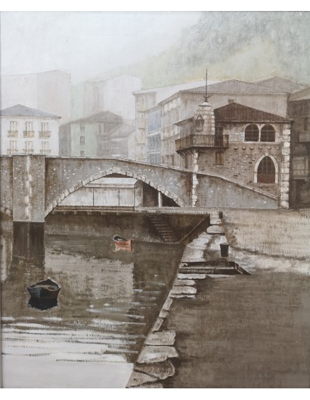 Luzuriaga, Juan Ramón (Bilbao, 1938). Desde el muelle. Ondarroa. Óleo sobre lienzo
