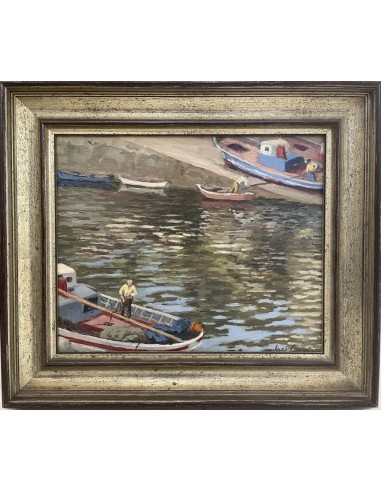 Jose Francisco Pérez Martínez (A Coruña, 1907-1985). Barcos en el Parrote. Óleo sobre lienzo