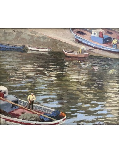 Jose Francisco Pérez Martínez (A Coruña, 1907-1985). Barcos en el Parrote. Óleo sobre lienzo