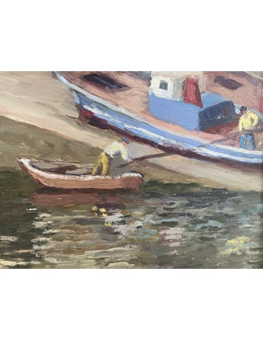 Jose Francisco Pérez Martínez (A Coruña, 1907-1985). Barcos en el Parrote. Óleo sobre lienzo