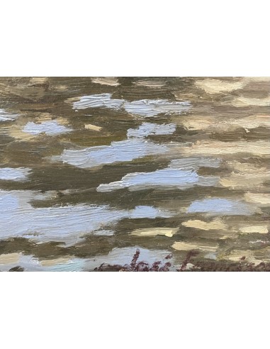 Jose Francisco Pérez Martínez (A Coruña, 1907-1985). Barcos en el Parrote. Óleo sobre lienzo