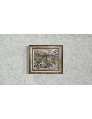 Jose Francisco Pérez Martínez (A Coruña, 1907-1985). Barcos en el Parrote. Óleo sobre lienzo