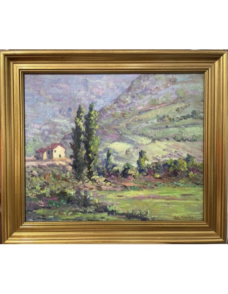 José Francisco Pérez Martínez (A Coruña, 1907-1985). Al pie de la montaña. Óleo sobre tabla.
