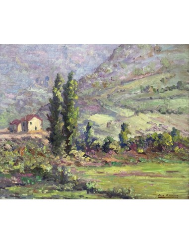 José Francisco Pérez Martínez (A Coruña, 1907-1985). Al pie de la montaña. Óleo sobre tabla.
