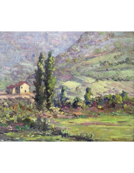 José Francisco Pérez Martínez (A Coruña, 1907-1985). Al pie de la montaña. Óleo sobre tabla.