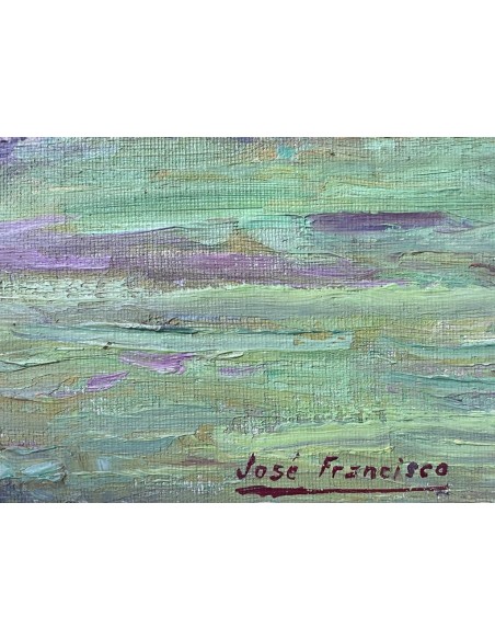 José Francisco Pérez Martínez (A Coruña, 1907-1985). Al pie de la montaña. Óleo sobre tabla.