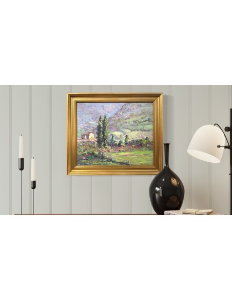 José Francisco Pérez Martínez (A Coruña, 1907-1985). Al pie de la montaña. Óleo sobre tabla.