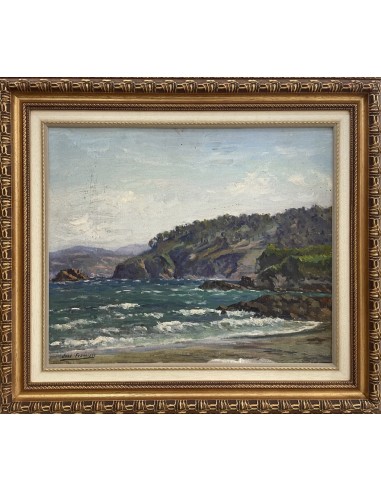 José Francisco Pérez Martínez (A Coruña, 1907-1985). En la costa. Óleo sobre tabla.