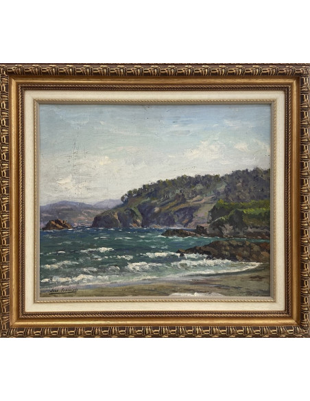 José Francisco Pérez Martínez (A Coruña, 1907-1985). En la costa. Óleo sobre tabla.