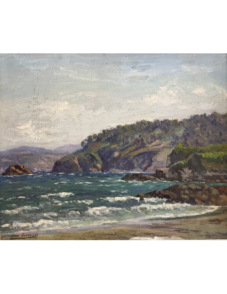 José Francisco Pérez Martínez (A Coruña, 1907-1985). En la costa. Óleo sobre tabla.