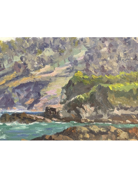 José Francisco Pérez Martínez (A Coruña, 1907-1985). En la costa. Óleo sobre tabla.