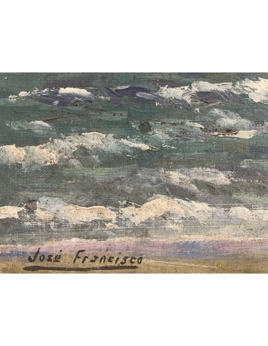 José Francisco Pérez Martínez (A Coruña, 1907-1985). En la costa. Óleo sobre tabla.