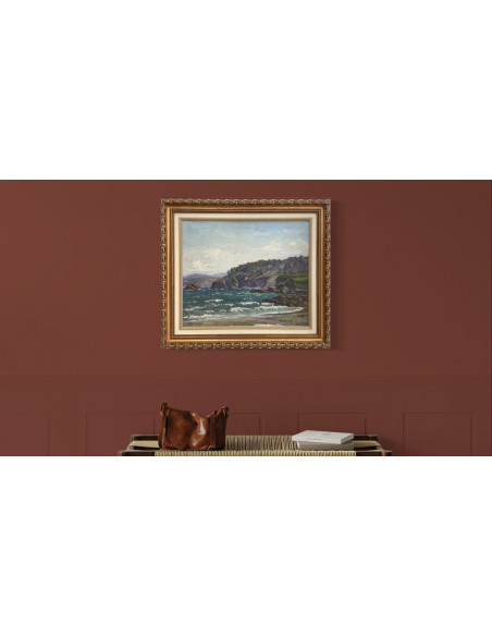 José Francisco Pérez Martínez (A Coruña, 1907-1985). En la costa. Óleo sobre tabla.