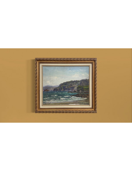 José Francisco Pérez Martínez (A Coruña, 1907-1985). En la costa. Óleo sobre tabla.