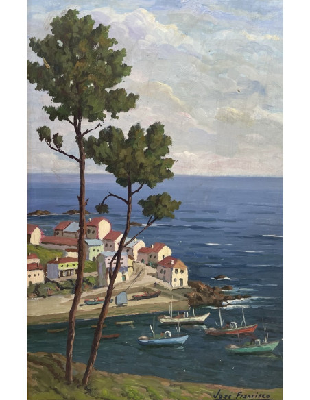 José Francisco Pérez Martínez (A Coruña, 1907-1985). Caión, Laracha. Óleo sobre tabla.