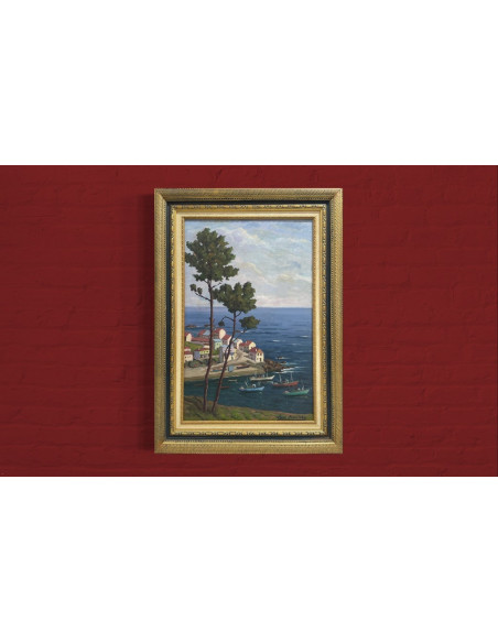 José Francisco Pérez Martínez (A Coruña, 1907-1985). Caión, Laracha. Óleo sobre tabla.