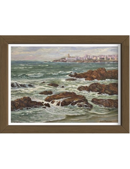 José Francisco Pérez Martínez (A Coruña, 1907-1985). Riazor viéndose La Torre. Óleo sobre tabla.