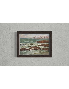 José Francisco Pérez Martínez (A Coruña, 1907-1985). Riazor viéndose La Torre. Óleo sobre tabla.