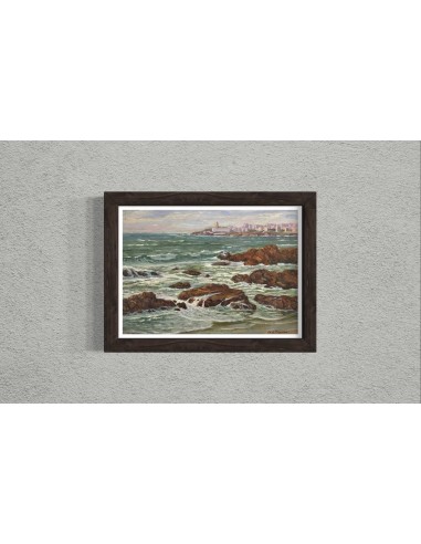 José Francisco Pérez Martínez (A Coruña, 1907-1985). Riazor viéndose La Torre. Óleo sobre tabla.