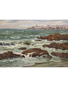 José Francisco Pérez Martínez (A Coruña, 1907-1985). Riazor viéndose La Torre. Óleo sobre tabla. 2