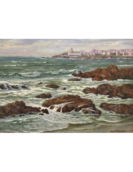 José Francisco Pérez Martínez (A Coruña, 1907-1985). Riazor viéndose La Torre. Óleo sobre tabla.