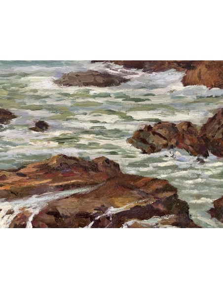José Francisco Pérez Martínez (A Coruña, 1907-1985). Riazor viéndose La Torre. Óleo sobre tabla.