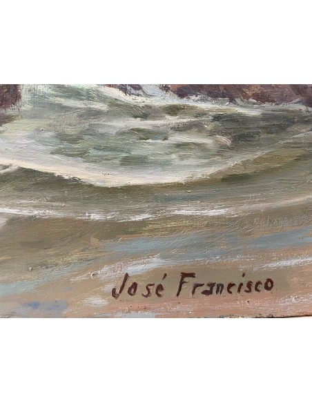 José Francisco Pérez Martínez (A Coruña, 1907-1985). Riazor viéndose La Torre. Óleo sobre tabla.