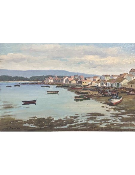 José Francisco Pérez Martínez (A Coruña, 1907-1985). Pueblo en la Ría. Óleo sobre tabla.