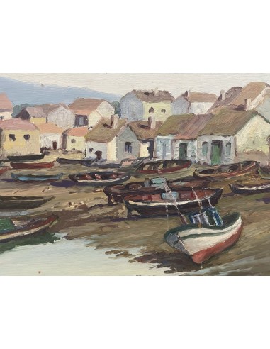 José Francisco Pérez Martínez (A Coruña, 1907-1985). Pueblo en la Ría. Óleo sobre tabla.