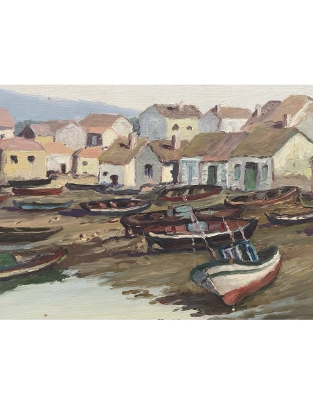José Francisco Pérez Martínez (A Coruña, 1907-1985). Pueblo en la Ría. Óleo sobre tabla.