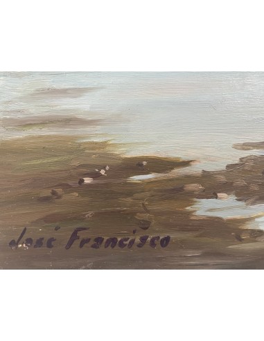 José Francisco Pérez Martínez (A Coruña, 1907-1985). Pueblo en la Ría. Óleo sobre tabla.
