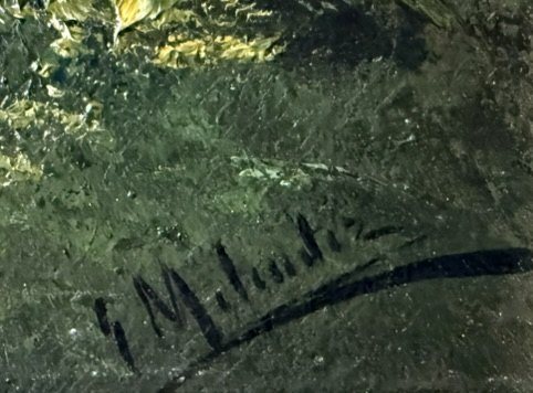 Detalle de la firma G. Meléndez en negro con rúbrica horizontal, en el ángulo inferior derecho.