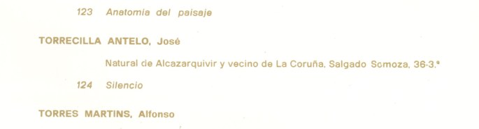 Entrada «Torrecilla Antelo, José» en el catálogo de la IV Bienal Nacional de Arte de Pontevedra, con la obra número 124, Silencio